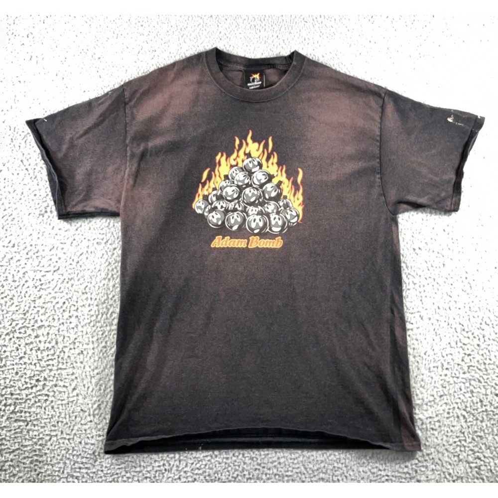 Adam Bomb Graphic T-Shirt Men Large Black Sun Faded Distressed Grunge Y2K Skater